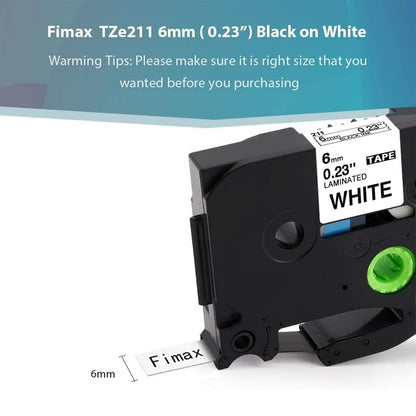 Fimax Ruban Cassette Compatible Brother Ptouch 1000 Ruban TZe-211 TZe 6mm Noir sur Blanc Laminé Cassette pour Brother PT-H100LB H107B E110 H200 P300BT P700 E110 D400VP H100lb