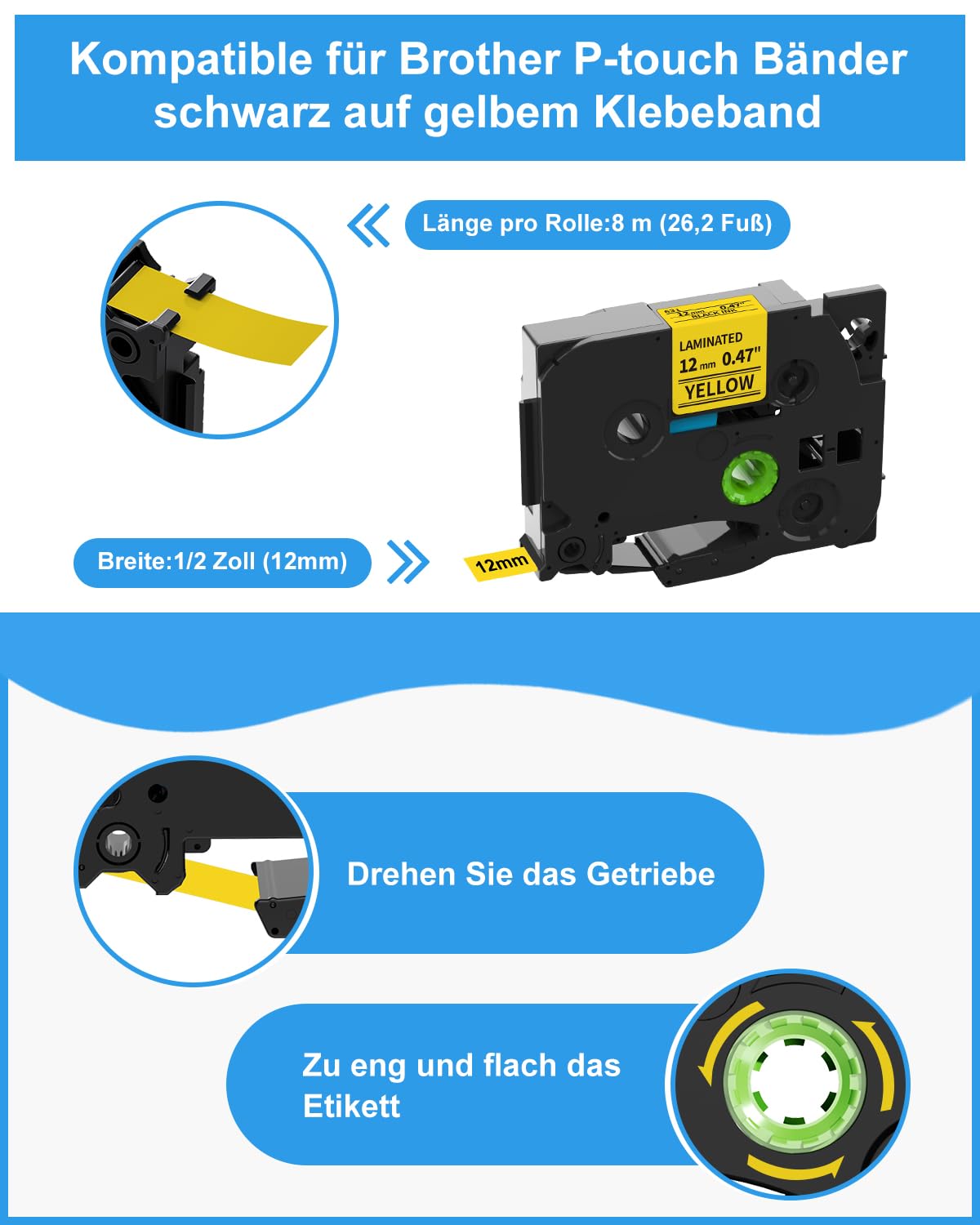 Fimax Tech Kompatible mit Brother p touch bänder TZe-631 tze631 tz-631 tz631 12mm Bänder für Brother PT-1000 1010 1080 PT-H105 PT-E110 PT-P300BT PT-H100LB PT-H100R 107B D200BW Schwarz auf Gelb 5x