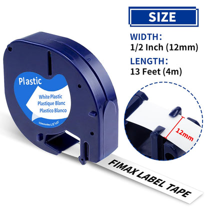 10-Pack Compatible Dymo LetraTag Label Refills 91331 White Plastic Label Tape, LT 91331 for Dymo Letra Tag LT100H LT100T QX50 Label Maker,Black on White 1/2'' x 13 Ft(12mm x 8m)