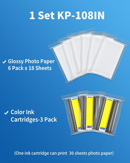 Compatible for Canon Selphy CP1300 CP1500 Ink and Paper Set for Canon Selphy CP1200 CP1000 CP910 CP900 CP810 CP760 CP770 Photo Printers,KP-108IN 3 Color Ink and 108 Sheets 4x6 Photo Paper Glossy