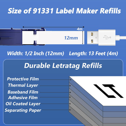 Replace Dymo LetraTag Refills White Plastic, Compatible Dymo Label Maker Refills 12mm x 4m 1/2 Inch x 13 Feet 91331 S0721610 LT Label Tape for LetraTag LT100H LT100T 200B QX50 Label Makers, 5-Pack