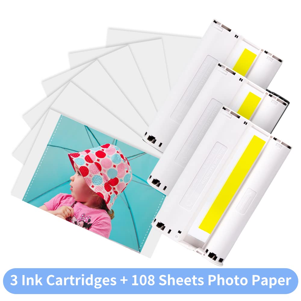 Replacement Canon Selphy CP1300 Ink and Paper CP1200 CP910 CP1000, Photo Paper KP-108IN Compatible with Canon Selphy CP Printer, 3 Ink Cartridges and 108 Sheets Printer Paper (4 x 6 inch)