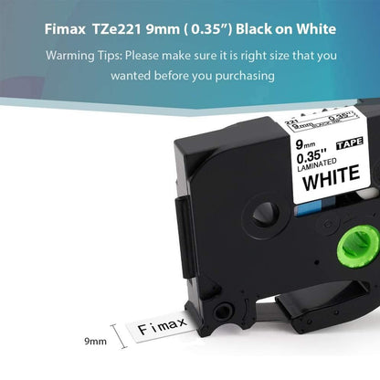 Fimax Cassette Compatible Brother Ptouch 1000 Ruban TZe-221 TZe221 TZ-221 9mm Noir sur Blanc Laminé Ruban Recharge pour Brother P touch PT-H100LB H107B H200 E100 H110 1280 1010 Étiqueteuse