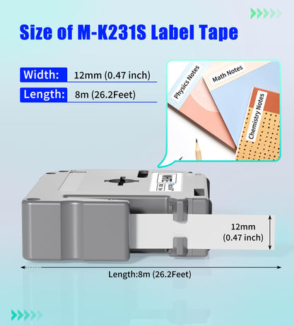 M-K231 Replacement for Brother M Tape 12mm 0.47'' White, M-K231s MK231s M231 Label Tape Replace for Brother PTouch PT-M95, PT-90, PT-70, PT-65, PT-60, PT-45 Label Maker Refills, 3 Pack