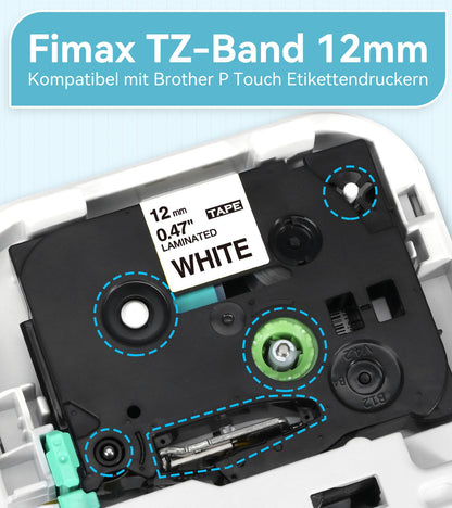 Fimax Kompatible Tze-231, Schriftband als Ersatz für Brother 12mm 0.47 Tape, für Brother P-Touch Bänder 12mm, Laminated Weiß Tze Tz Tape für P-touch 1010 H100R H100LB H105 H107 Beschriftungsgerät, 5x