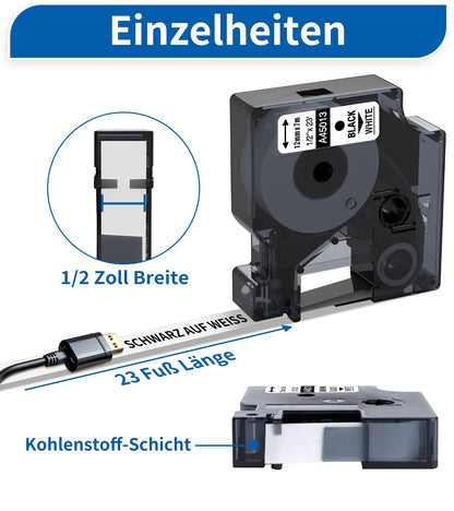 Nastro per Etichette Fimax Compatibile In sostituzione di Dymo D1 S0720530 45013 12mm x 7m Nero su Bianco Nastro Compatibile per Dymo LabelManager 160 280 120P (Confezione da 5)