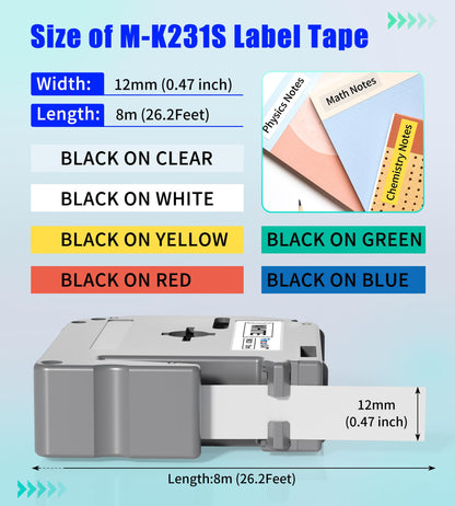 6-Pack Compatible Ptouch M Tape for Brother Label Maker Color Tape 12mm 0.47'' M-K231S(M-K231) M-K131 M-K431 M-K531 M-K631 M-K731 Work with Brother P-Touch PT-M95 PT-90 PT-65 PT-70 PT85 Label Maker