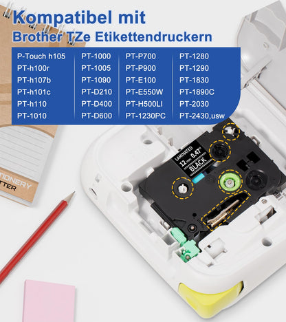 5x Fimax Tech Kompatible mit Brother p touch bänder 12mm TZe-335 TZe335 TZ-335 TZe 335 Etikettenband für PT-H105 H107 H101C H100LB/R 1005 1250 D200 E110 Cube, Weiß auf Schwarz, 12mm x 8m, 5 Pack