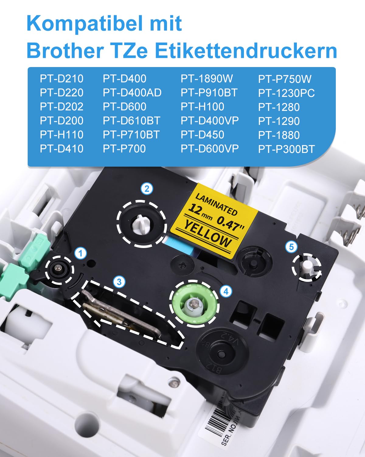 Fimax Tech Kompatible mit Brother p touch bänder TZe-631 tze631 tz-631 tz631 12mm Bänder für Brother PT-1000 1010 1080 PT-H105 PT-E110 PT-P300BT PT-H100LB PT-H100R 107B D200BW Schwarz auf Gelb 5x