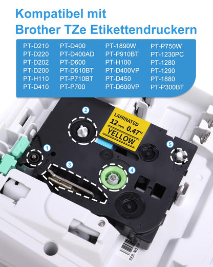 Fimax Tech Kompatible mit Brother p touch bänder TZe-631 tze631 tz-631 tz631 12mm Bänder für Brother PT-1000 1010 1080 PT-H105 PT-E110 PT-P300BT PT-H100LB PT-H100R 107B D200BW Schwarz auf Gelb 5x