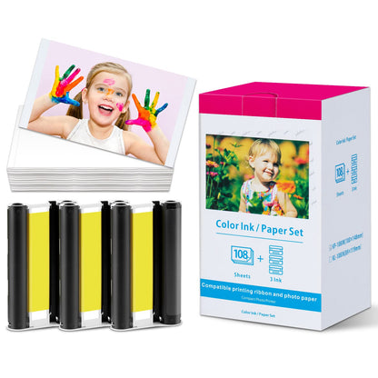 Compatible Canon Selphy CP1300 CP1500 Paper and Ink, KP-108IN 3 Color Ink Cartridges and 108 Sheets 4'' x 6'' Photo Paper for Canon Selphy Cp1000 CP1200 CP900 CP910 CP800 CP760 Photo Printer