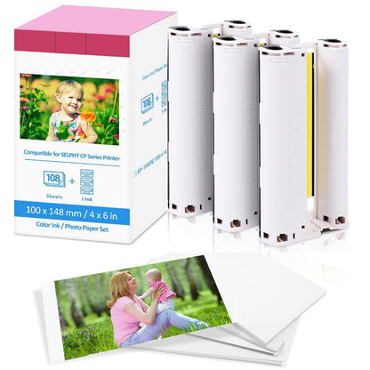 Replacement Canon Selphy CP1300 Ink and Paper CP1200 CP910 CP1000, Photo Paper KP-108IN Compatible with Canon Selphy CP Printer, 3 Ink Cartridges and 108 Sheets Printer Paper (4 x 6 inch)