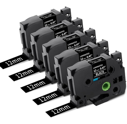 5x Fimax Tech Kompatible mit Brother p touch bänder 12mm TZe-335 TZe335 TZ-335 TZe 335 Etikettenband für PT-H105 H107 H101C H100LB/R 1005 1250 D200 E110 Cube, Weiß auf Schwarz, 12mm x 8m, 5 Pack