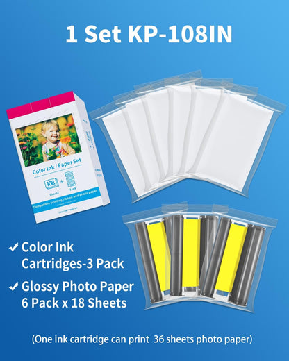 Compatible Canon Selphy CP1300 CP1500 Paper and Ink, KP-108IN 3 Color Ink Cartridges and 108 Sheets 4'' x 6'' Photo Paper for Canon Selphy Cp1000 CP1200 CP900 CP910 CP800 CP760 Photo Printer