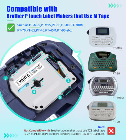 6-Pack Compatible Ptouch M Tape for Brother Label Maker Color Tape 12mm 0.47'' M-K231S(M-K231) M-K131 M-K431 M-K531 M-K631 M-K731 Work with Brother P-Touch PT-M95 PT-90 PT-65 PT-70 PT85 Label Maker